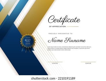 Plantilla de certificado de apreciación, dorado y azul. Certificado moderno limpio con insignia de oro. Plantilla de borde de certificado con diseño de línea de lujo y moderno. Plantilla vectorial de Diploma