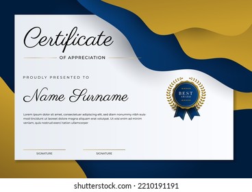 Certificate of appreciation template, gold and blue color. Clean modern certificate with gold badge. Certificate border template with luxury and modern line pattern. Diploma vector template