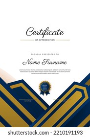 Certificate of appreciation template, gold and blue color. Clean modern certificate with gold badge. Certificate border template with luxury and modern line pattern. Diploma vector template