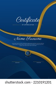 Certificate of appreciation template, gold and blue color. Clean modern certificate with gold badge. Certificate border template with luxury and modern line pattern. Diploma vector template