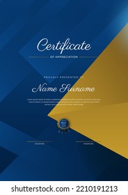 Certificate of appreciation template, gold and blue color. Clean modern certificate with gold badge. Certificate border template with luxury and modern line pattern. Diploma vector template