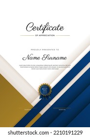Plantilla de certificado de apreciación, dorado y azul. Certificado moderno limpio con insignia de oro. Plantilla de borde de certificado con diseño de línea de lujo y moderno. Plantilla vectorial de Diploma