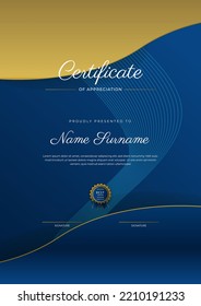 Certificate of appreciation template, gold and blue color. Clean modern certificate with gold badge. Certificate border template with luxury and modern line pattern. Diploma vector template