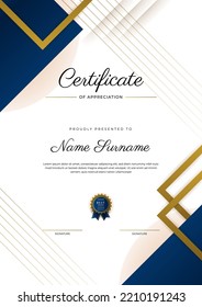 Certificate of appreciation template, gold and blue color. Clean modern certificate with gold badge. Certificate border template with luxury and modern line pattern. Diploma vector template