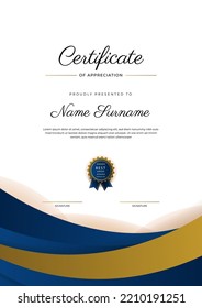 Certificate of appreciation template, gold and blue color. Clean modern certificate with gold badge. Certificate border template with luxury and modern line pattern. Diploma vector template