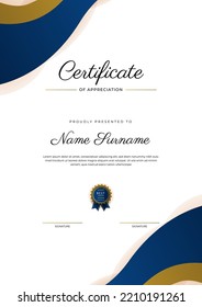 Certificate of appreciation template, gold and blue color. Clean modern certificate with gold badge. Certificate border template with luxury and modern line pattern. Diploma vector template