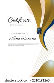 Certificate of appreciation template, gold and blue color. Clean modern certificate with gold badge. Certificate border template with luxury and modern line pattern. Diploma vector template