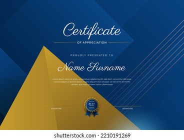 Certificate Appreciation Template Gold Blue Color Stock Vector (Royalty ...