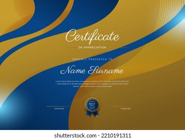 Certificate of appreciation template, gold and blue color. Clean modern certificate with gold badge. Certificate border template with luxury and modern line pattern. Diploma vector template
