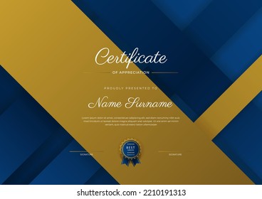 Certificate of appreciation template, gold and blue color. Clean modern certificate with gold badge. Certificate border template with luxury and modern line pattern. Diploma vector template