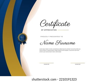 Certificate of appreciation template, gold and blue color. Clean modern certificate with gold badge. Certificate border template with luxury and modern line pattern. Diploma vector template