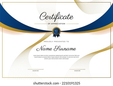 Certificate of appreciation template, gold and blue color. Clean modern certificate with gold badge. Certificate border template with luxury and modern line pattern. Diploma vector template