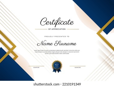 Certificate of appreciation template, gold and blue color. Clean modern certificate with gold badge. Certificate border template with luxury and modern line pattern. Diploma vector template