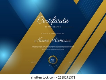 Certificate of appreciation template, gold and blue color. Clean modern certificate with gold badge. Certificate border template with luxury and modern line pattern. Diploma vector template