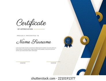 Certificate of appreciation template, gold and blue color. Clean modern certificate with gold badge. Certificate border template with luxury and modern line pattern. Diploma vector template