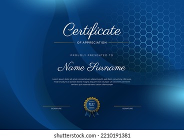 Certificate of appreciation template, gold and blue color. Clean modern certificate with gold badge. Certificate border template with luxury and modern line pattern. Diploma vector template