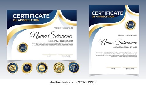Certificate of appreciation template, gold and blue color. Clean modern certificate with gold badge. Certificate border template with luxury and modern line pattern. Diploma vector template