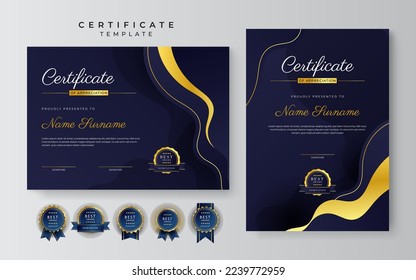 Certificate of appreciation template, gold and blue color. Clean modern certificate with gold badge. Certificate border template with luxury and modern line pattern. Diploma vector template