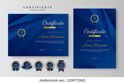 Plantilla de certificado de apreciación, dorado y azul. Certificado moderno limpio con insignia de oro. Plantilla de borde de certificado con diseño de línea de lujo y moderno. Plantilla vectorial de Diploma