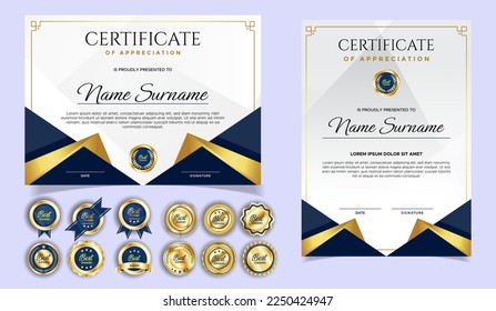 Plantilla de certificado de apreciación, dorado y azul. Certificado moderno limpio con insignia de oro. Plantilla de borde de certificado con diseño de línea de lujo y moderno. Plantilla vectorial de Diploma
