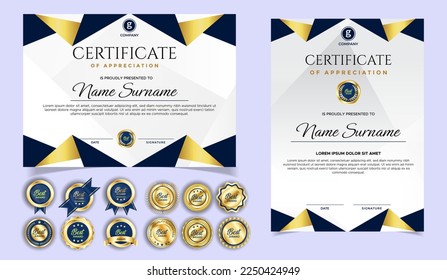 Certificate of appreciation template, gold and blue color. Clean modern certificate with gold badge. Certificate border template with luxury and modern line pattern. Diploma vector template
