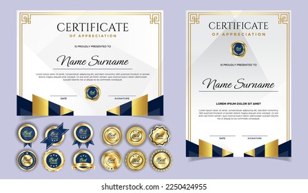 Certificate of appreciation template, gold and blue color. Clean modern certificate with gold badge. Certificate border template with luxury and modern line pattern. Diploma vector template
