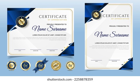 Certificate of appreciation template, gold and blue color. Clean modern certificate with gold badge. Certificate border template with luxury and modern line pattern. Diploma vector template
