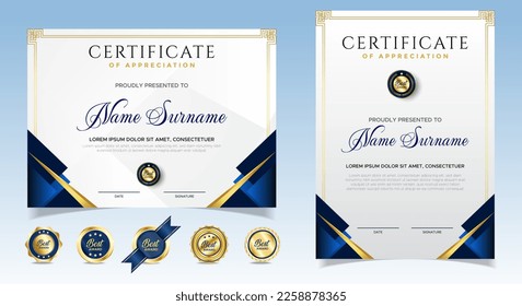 Certificate of appreciation template, gold and blue color. Clean modern certificate with gold badge. Certificate border template with luxury and modern line pattern. Diploma vector template
