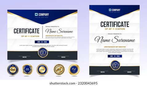 Plantilla de certificado de apreciación, dorado y azul. Certificado moderno limpio con insignia de oro. Plantilla de borde de certificado con diseño de línea de lujo y moderno. Plantilla vectorial de Diploma