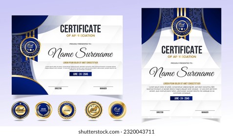 Certificate of appreciation template, gold and blue color. Clean modern certificate with gold badge. Certificate border template with luxury and modern line pattern. Diploma vector template