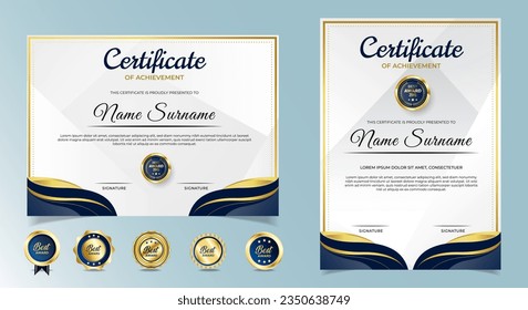 Certificate of appreciation template, gold and blue color. Clean modern certificate with gold badge. Certificate border template with luxury and modern line pattern. Diploma vector template. 