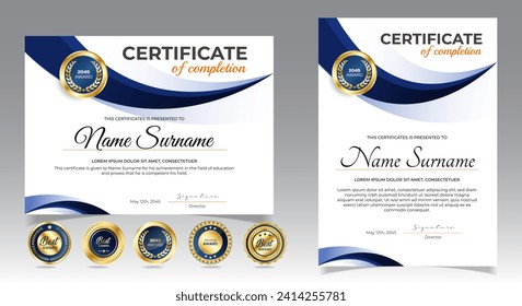 Certificate of appreciation template, gold and blue color. Clean modern certificate with gold badge. Certificate border template with luxury and modern line pattern. Diploma vector template