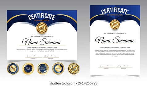 Certificate of appreciation template, gold and blue color. Clean modern certificate with gold badge. Certificate border template with luxury and modern line pattern. Diploma vector template