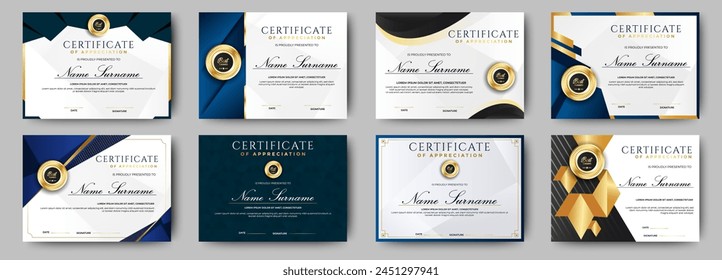 Certificado de apreciación Plantilla, color dorado y azul. Certificado moderno limpio con la insignia de oro. Certificado de Plantilla de borde con patrón de línea de lujo y moderno. Diploma de Plantilla de Vector