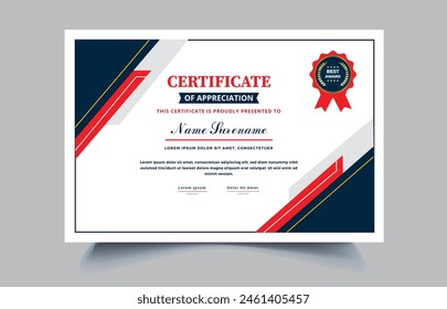 Certificate of appreciation template, gold, blue and red color. Clean modern certificate with gold badge, Diploma vector template EPS10