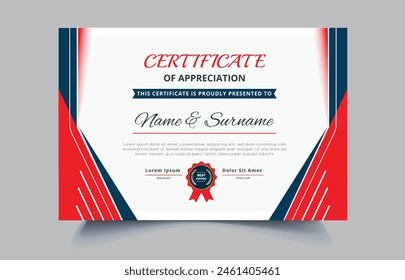 Certificate of appreciation template, gold, blue and red color. Clean modern certificate with gold badge, Diploma vector template EPS10