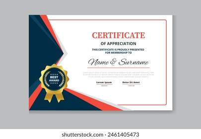 Certificate of appreciation template, gold, blue and red color. Clean modern certificate with gold badge, Diploma vector template EPS10