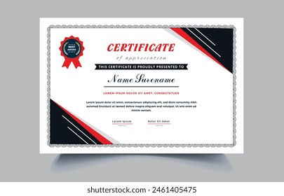 Certificate of appreciation template, gold, blue and red color. Clean modern certificate with gold badge, Diploma vector template EPS10