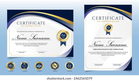 Certificate of appreciation template, gold and blue color. Clean modern certificate with gold badge. Certificate border template with luxury and modern line pattern. Diploma vector template.