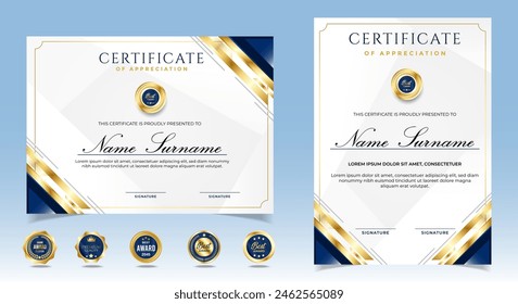 Certificate of appreciation template, gold and blue color. Clean modern certificate with gold badge. Certificate border template with luxury and modern line pattern. Diploma vector template.