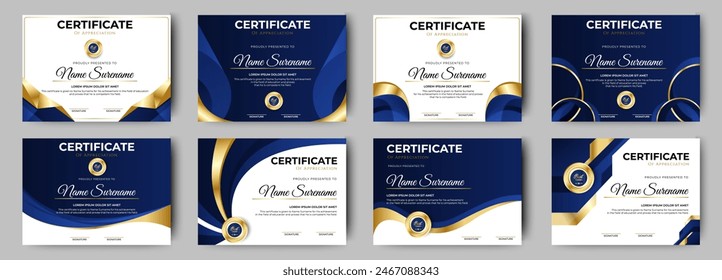 Certificate of appreciation template, gold and blue color. Clean modern certificate with gold badge. Certificate border template with luxury and modern line pattern. Diploma vector template