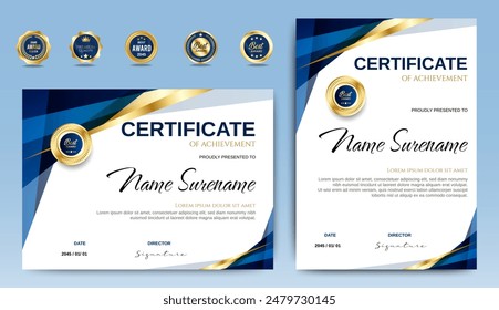 Certificate of appreciation template, gold and blue color. Clean modern certificate with gold badge. Certificate border template with luxury and modern line pattern. Diploma vector template
