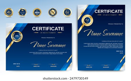 Certificado de apreciación Plantilla, color dorado y azul. Certificado moderno limpio con la insignia de oro. Certificado de Plantilla de borde con patrón de línea de lujo y moderno. Diploma de Plantilla de Vector
