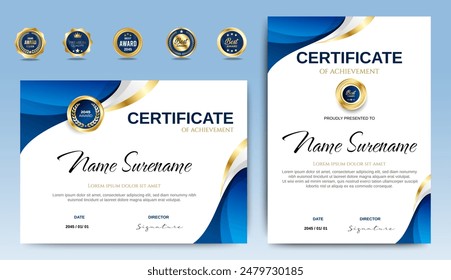 Certificate of appreciation template, gold and blue color. Clean modern certificate with gold badge. Certificate border template with luxury and modern line pattern. Diploma vector template
