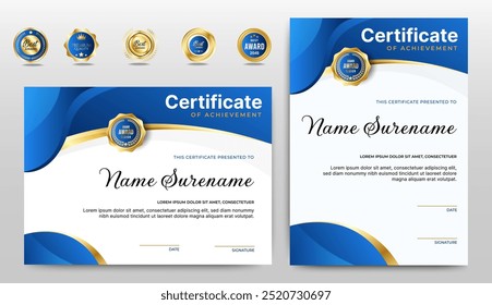 Certificado de Plantilla de apreciación, color dorado y azul. Certificado moderno limpio con insignia de oro. Certificado de Plantilla de borde con patrón de línea lujoso y moderno. Diploma Vector Plantilla
