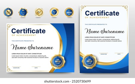 Certificate of appreciation template, gold and blue color. Clean modern certificate with gold badge. Certificate border template with luxury and modern line pattern. Diploma vector template