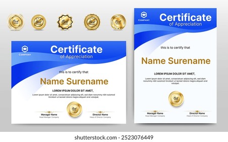 Certificate of appreciation template, gold and blue color. Clean modern certificate with gold badge. Certificate border template with luxury and modern line pattern. Diploma vector template