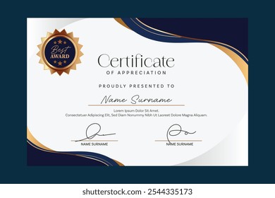 Certificado de Plantilla de apreciación, color dorado y azul. Certificado moderno limpio con insignia de oro. Certificado de Plantilla de borde con patrón de línea lujoso y moderno. Diploma Vector Plantilla