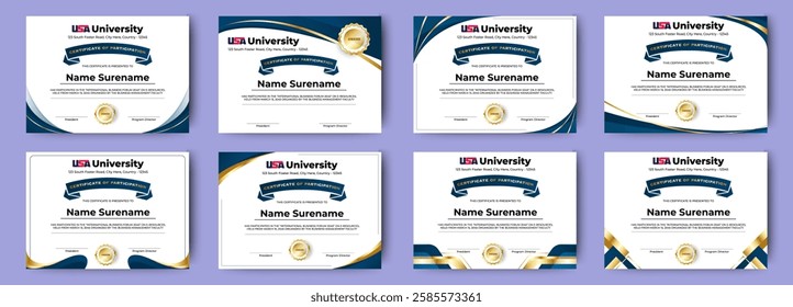 Certificate of appreciation template, gold and blue color. Clean modern certificate with gold badge. Certificate border template with luxury and modern line pattern. Diploma vector template