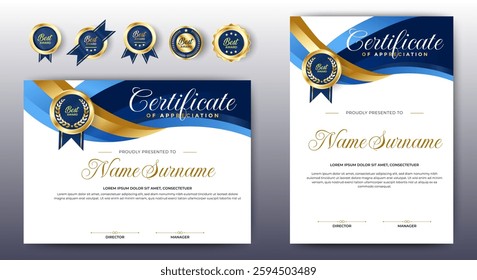 Certificate of appreciation template, gold and blue color. Clean modern certificate with gold badge. Certificate border template with luxury and modern line pattern. Diploma vector template.